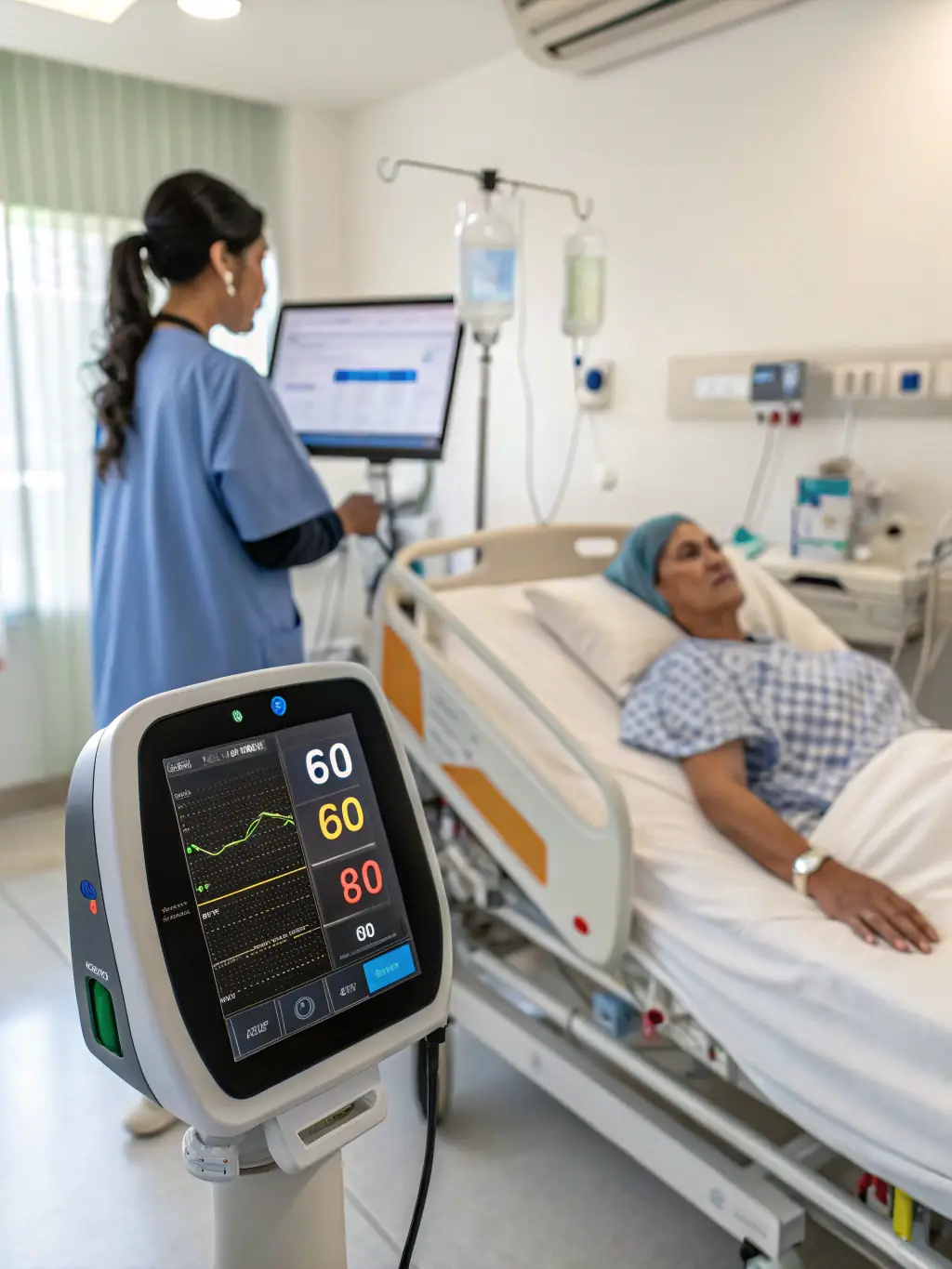 A professional shot of a wireless vital signs monitor being used in a telehealth setting, showing a doctor remotely monitoring a patient's data on a tablet.