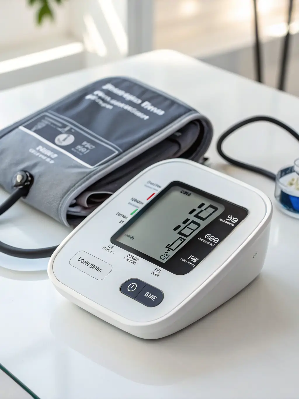 A high-resolution image of a non-invasive blood pressure monitor displaying clear readings, set in a modern hospital room with a nurse attending to a patient in the background.